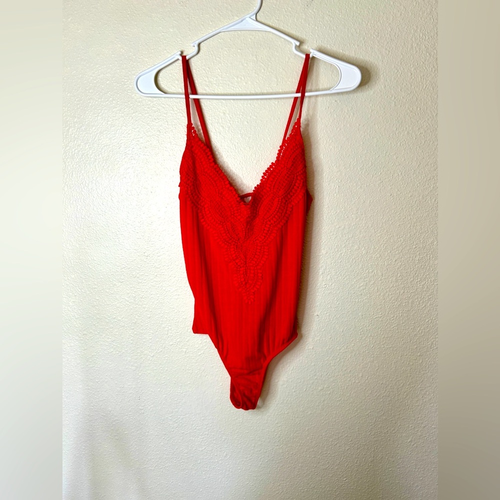 Red Bodysuit Onesie Embroidery Detail Lace Back Festival smal